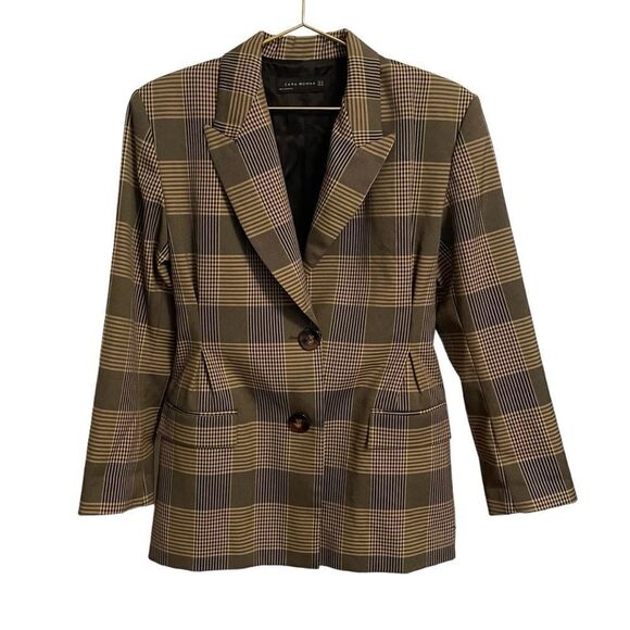 Zara Jackets & Blazers - Zara Woman Plaid Check Blazer Tan Black Size XS